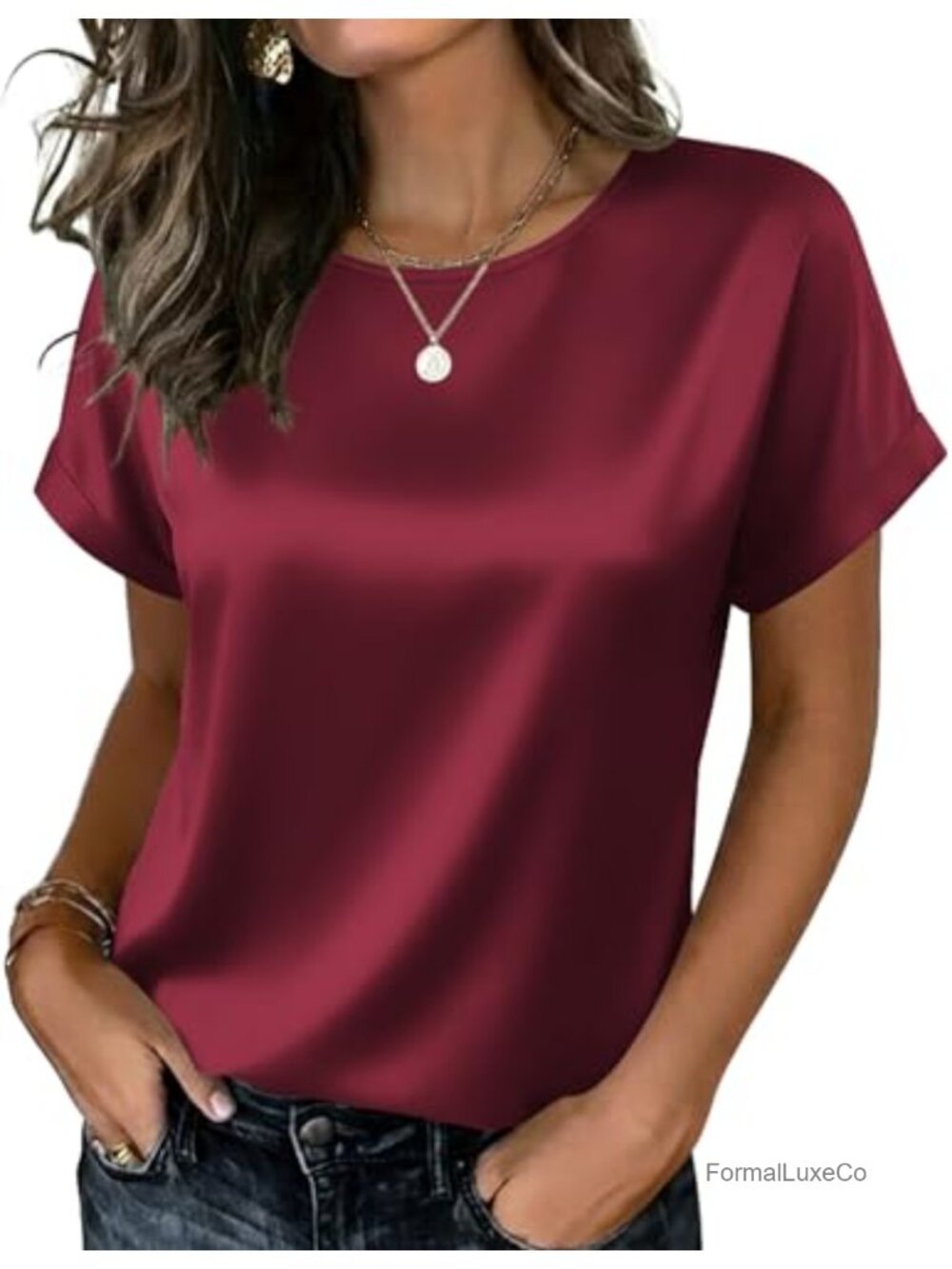 Satin Silk Short Sleeve Crewneck Blouse Dressy Casual Top
